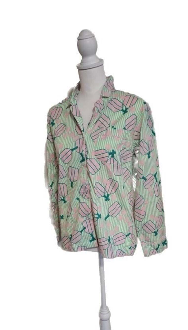 Pickleball Pajama Top Long‎ Sleeves Pink Green Stripe 100% Cotton, Sz. XS/S
